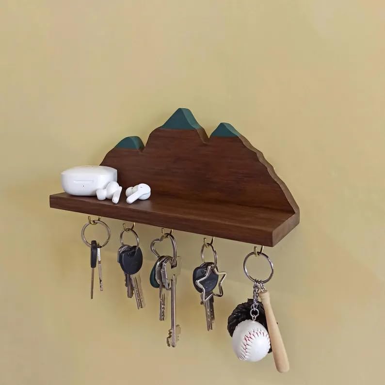 Wooden Mountain Key Holder with Shelf, Rustic Wall Mounted Key Rack, Decorative Entryway Organizer with 5 Hooks, Natural Wood Home Decor for Entryway Bedroom Kitchen