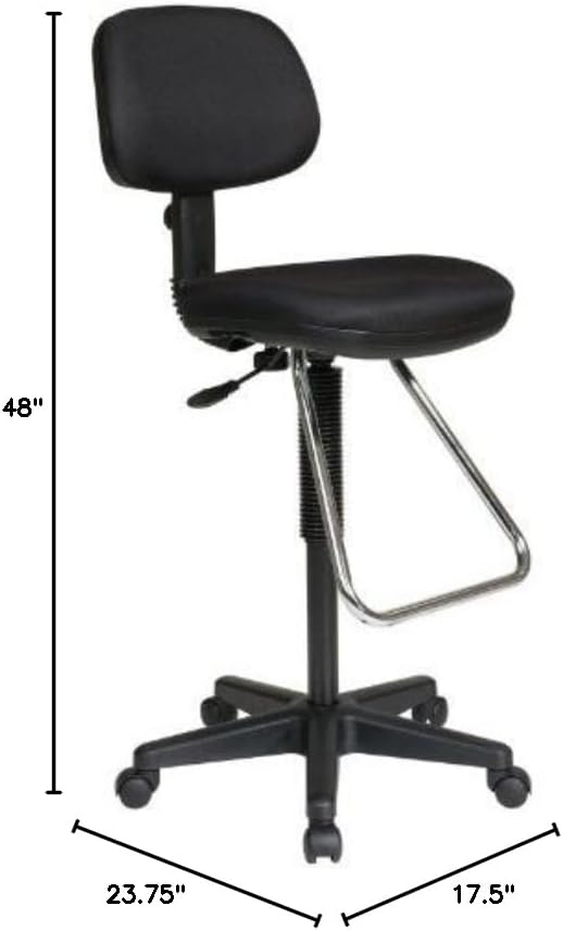 Office Star DC Series Pneumatic Adjustable Drafting Chair with Chrome Teardrop Footrest, Icon Black Fabric