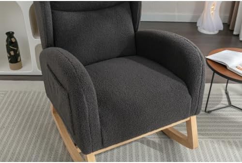 Dark Gray Teddy Rocking Chair for Nursery, Upholstered Glider Rocker with High Backrest, Comfy Accent Armchair with Wooden Legs for Living Room Bedroom