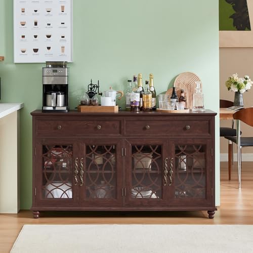 Joaxswe Farmhouse Sideboard Buffet Cabinet with Storage,59" Large Credenza with 4 Glass Doors & 2 Drawers,Adjustable Shelves Console Table,Wood Kitchen Coffee Bar for Dining Room,Living Room,Walnut