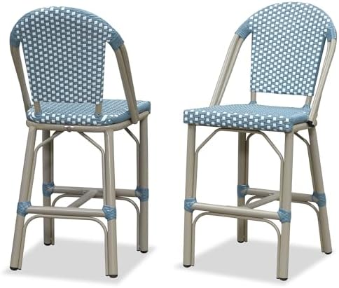 PURPLE LEAF Oversized Outdoor Counter Height Bar Stools Set of 2 26" French Bar Height Stool Bamboo Print Finish Patio Bar Stools with Back Rattan for Garden Kitchen, Light Blue