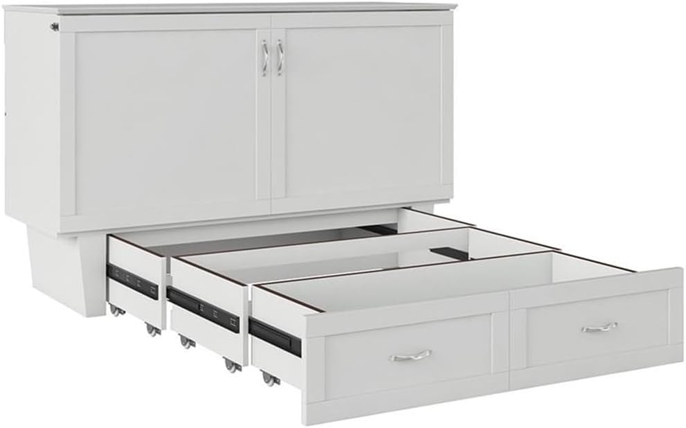 Atlin Designs Modern Queen Murphy Bed Chest, Solid Wood Construction, White Finish with Storage Drawer, Memory Foam Mattress, USB Charging Ports, Space-Saving Bedroom Furniture
