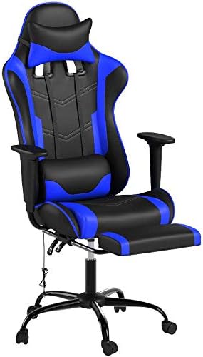 Gaming Chair Office Chair Desk Chair Massage PU Leather Recliner Racing Chair with Headrest Armrest Footrest Rolling Swivel Task PC Ergonomic Computer Chair for Back Support, Blue