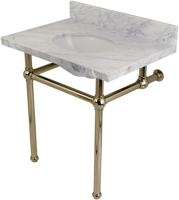Kingston Brass KVPB3030MB6 Templeton 30" x 22" Carrara Marble Vanity Top with Brass Console Legs, Carrara Marble/Polished Nickel