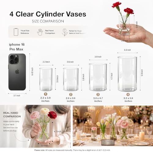48pcs Glass Cylinder Vases 4,5,6 Inch for Centerpieces,Small Clear Flower Vases for Wedding Decorations and Indoor Home Decor, Hurricane Candle Holder for Table Shelf, Party