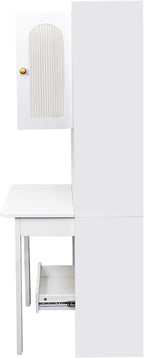 JOYSOURCE 71'' Bedside Table Tall Freestanding Bookshelf with Convertible Desk Hutch Cabinet with Reeded Glass Doors Drawer Nightstand End Table for Living Room White