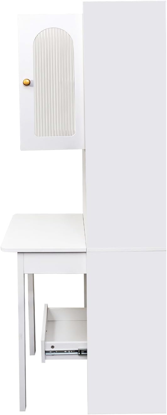 JOYSOURCE 71'' Bedside Table Tall Freestanding Bookshelf with Convertible Desk Hutch Cabinet with Reeded Glass Doors Drawer Nightstand End Table for Living Room White