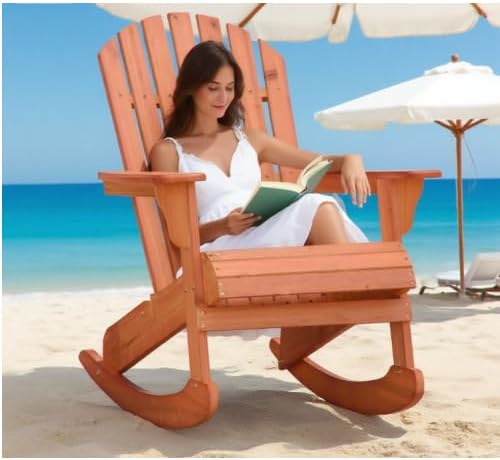 Solid Wood Nursery Rocking Chair with Fan Back Design, Smooth Rocker for Living Room with Tall Backrest and Wide Armrests