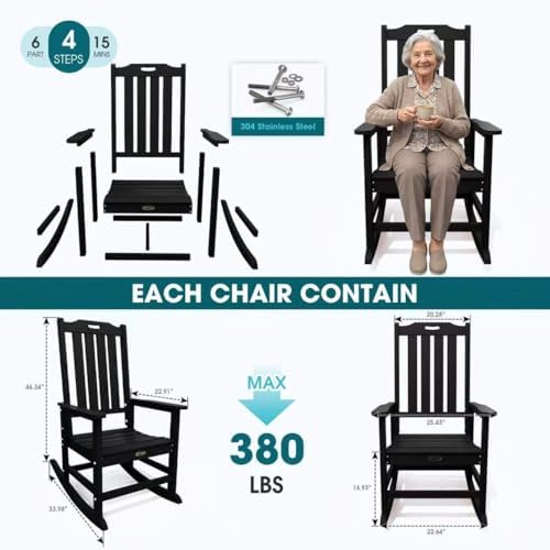 THOEOE Outdoor Rocking Chairs, Oversized Patio Rocking Chair | HDPE Outdoor Rockers for Front Porch, Patio, Backyard, Balcony and Garden. All-Weather High Back Design, Black