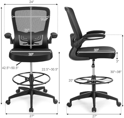 Giantex Drafting Chair High Back Office Chairs with Footrest Ring Flip-Up Armrest Height Adjustable Executive Desk Chair Ergonomic Mesh Computer Task Chair Lumbar Support Tall Office Chair (1, Black)