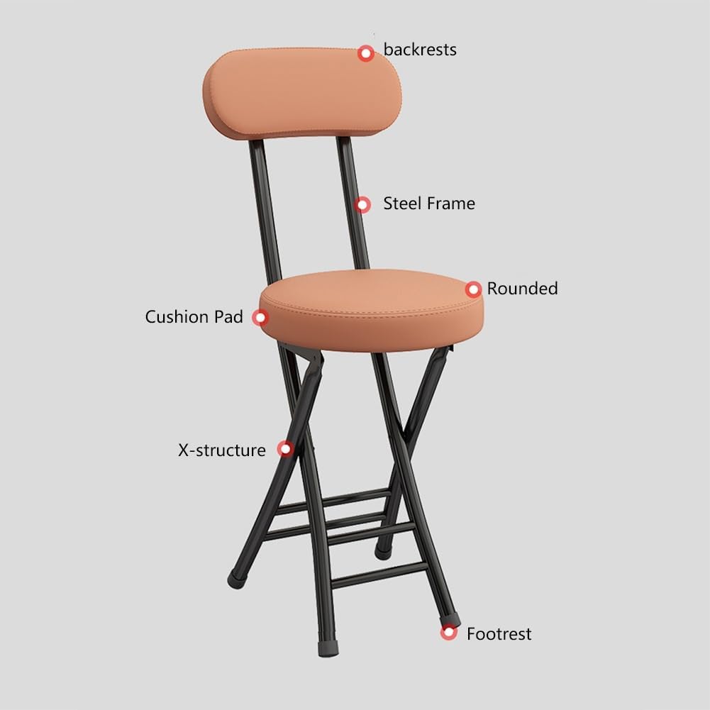 Folding Stool with Backrest, Cushioned Padded Leather Round Portable Foldable Bar Stool Chair for Kitchen(Light Brown)