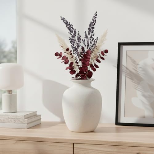 Rustic Farmhouse Vase for Pampas Grass, Beige Ceramic Vase for Flowers, 7 Inch Boho Vases for Home Decor, Aesthetic Desk, Night Stand, Book Shelf Decor