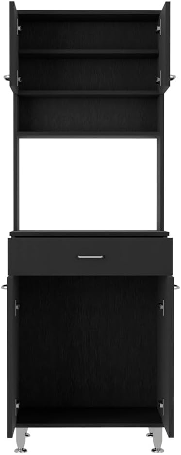 Black 67" H Pantry Cabinet, 4 Doors, 1 Drawer, Microwave Storage & 5 Shelves