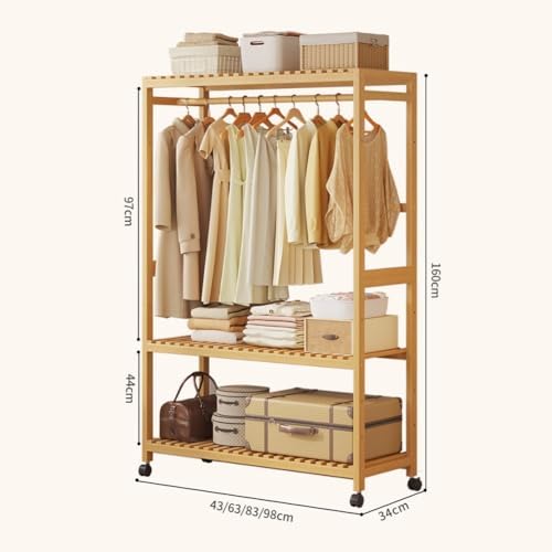 Bamboo Clothes Rack with Shelves - Portable Wooden Wardrobe, Free Standing Garment Rack with 2 Storage Shelves & Wheels for Bedroom, Stylish Open Design for Easy Organization