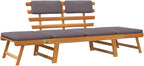 Outdoor Acacia Wood Daybed for 2, Convertible Garden Lounge Bench with Adjustable Armrests and Dark Grey Cushions for Patio, Backyard, and Terrace