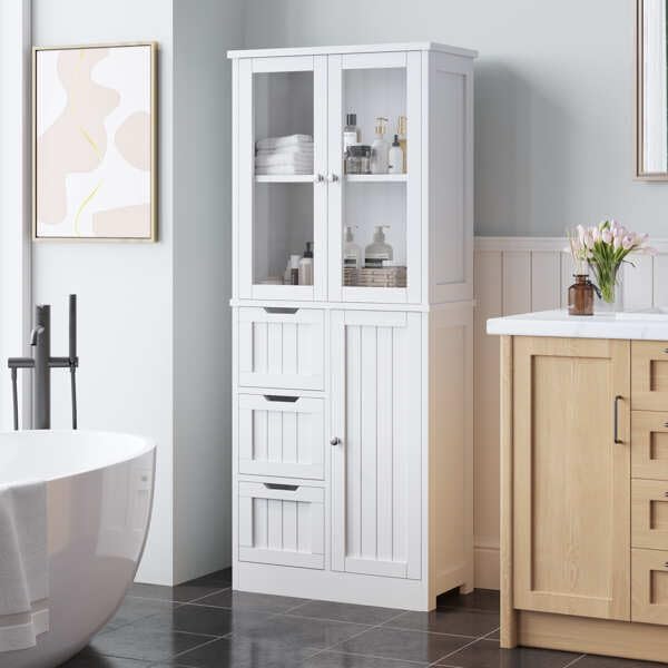 White Kitchen Pantry, Farmhouse Pantry Storage Farmhouse Storage Cabinet with Doors, Organizer, Wood Cupboard for Kitchen, Dining Room, Bathroom