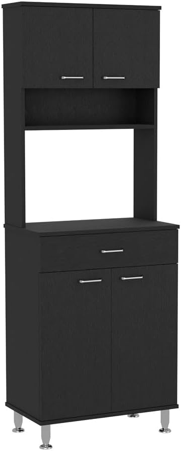 Black 67" H Pantry Cabinet, 4 Doors, 1 Drawer, Microwave Storage & 5 Shelves