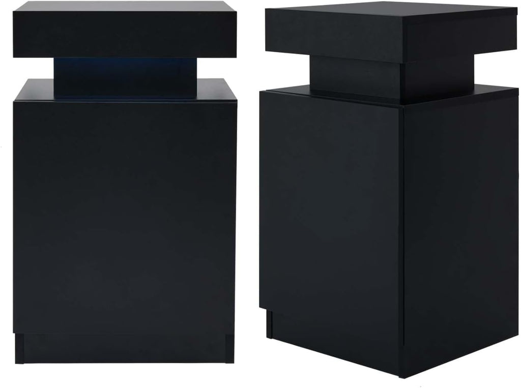 Black Nightstands Set of 2, LED End Table for Bedroom, Modern Bedside Table with Door One Storage Cabinet, Night Stand with Led Light