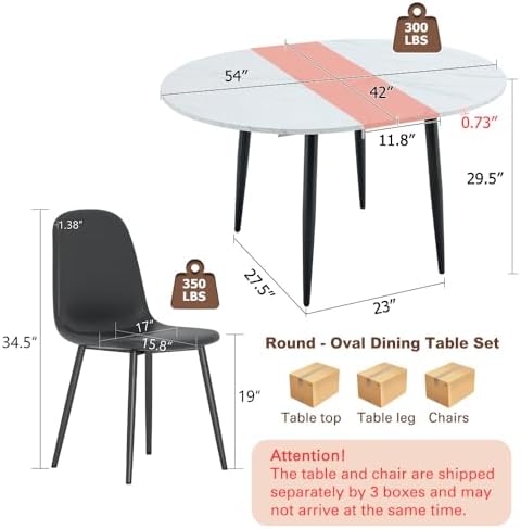 FURNITO Round Dining Table Set for 4, 42"-54" Extendable Dining Room Table Set for 4, White Kitchen Table and Upholstered Chairs Set of 4, 5 Piece Dining Table Set for Small Spaces, Easy Assembly