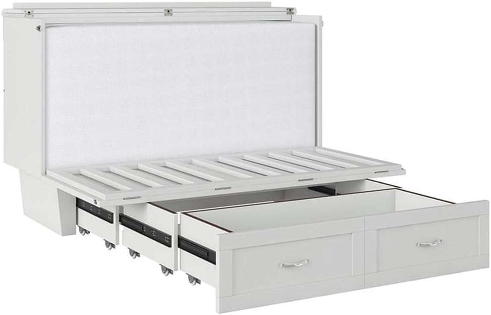Atlin Designs Modern Queen Murphy Bed Chest, Solid Wood Construction, White Finish with Storage Drawer, Memory Foam Mattress, USB Charging Ports, Space-Saving Bedroom Furniture