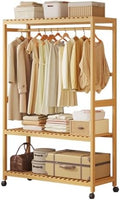 Wooden Clothes Rack with Shelves, Free Standing Bamboo Wardrobe on Wheels, Open Wardrobes for Bedroom, Versatile Garment Rail, Stylish Storage Solution