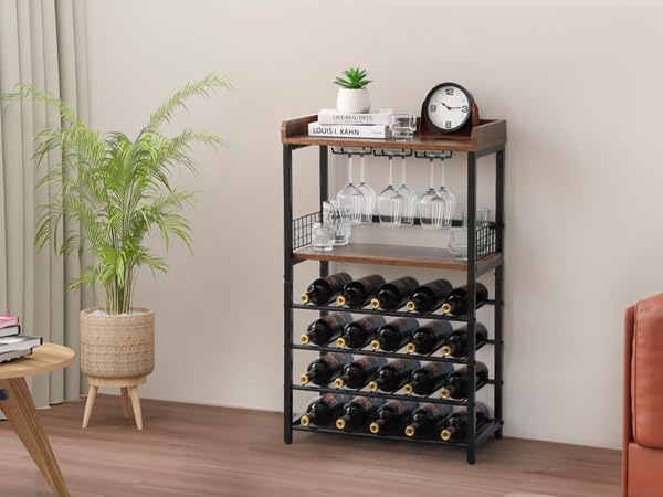 KATHY&BOB Morden Wood Wine Rack Freestanding Floor, 5-Tier Wine Storage Shelf with Wobble-Free Countertop, 20-Bottle Stackable Wine Glass Holder Rack for Home Bar Kitchen Dining Room (Wine Rack)