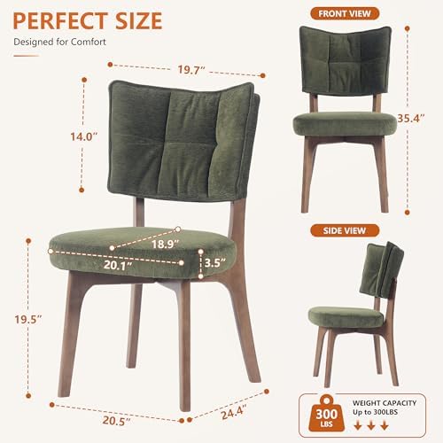 YOUNIKE Wood Frame Green Dining Chair, Chenille Fabric, Single Pack | Modern Ergonomic Upholstered Kitchen & Dining Room Chairs, Double-Layer Backrest, Comfy Soft Cushion, Easy to Assembly