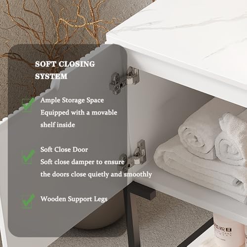 48" Bathroom Vanity with Vessel Sink & 3 Soft-Closing Doors & Open Shelf, Freestanding Bathroom Cabinet with Ceramic Basin and Carrara White Sintered Stone Counter Top-Colmar, White/S