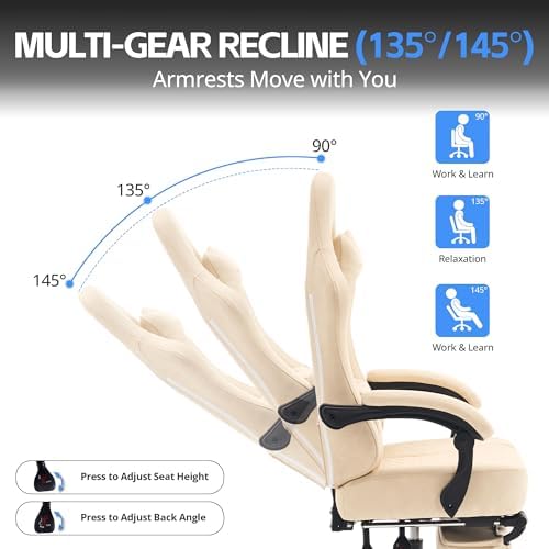 Desk Computer Gaming Chair - Ergonomic Game Office Chair with Extended Footrest and Massage Lumbar Support, Home Gamer Video Game Chairs with Spring Cushion for Adults (Pro Beige Leather)