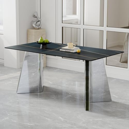 TesNus 63" Modern Dining Table Set for 4,Black Marble Dining Room Table Set for 4-6,Rectangular Sintered Stone Top with Stainless Steel Silver Base 5-7 Piece Kitchen Dining Table Set