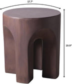 LeisureMod Round Side Table in Fiberstone with Arched Base Design Compact Weather-Resistant for Modern Home, Living Room, Bedroom, Patio Crus Collection (Wood Brown)