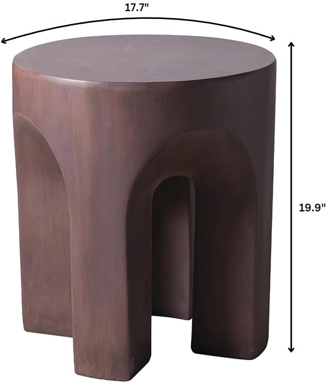 LeisureMod Round Side Table in Fiberstone with Arched Base Design Compact Weather-Resistant for Modern Home, Living Room, Bedroom, Patio Crus Collection (Wood Brown)