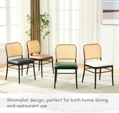 Rattan Dining Chairs Set of 6, Upholstered Faux Leather Dining Chairs with Cane Back, Mid Century Modern Kitchen & Dining Room Chairs, Boho Style, Brown
