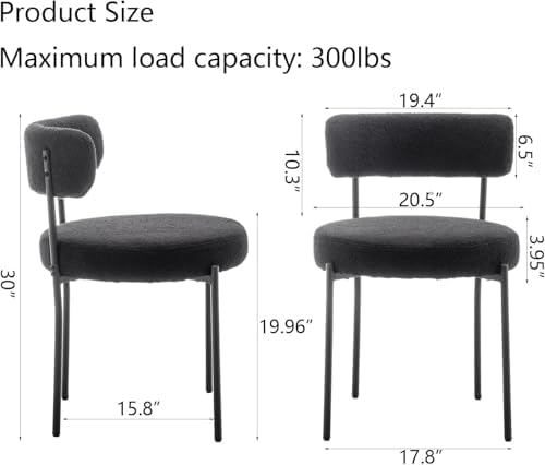Cinxzar Black Boucle Dining Chairs Set of 4, Upholstered Dining Chairs with Black Metal Legs, Round Modern Dining Chair for Dining Room