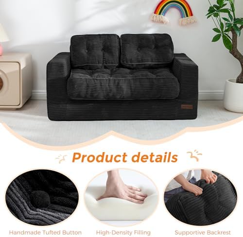 MAXYOYO Kids Bean Bag Chair, Upholstered Bean Bag Sofa Cloud 2-Seat for Boys and Girls, Boneless Couch with Tufted Cushion & Pillows, Kids Sofa in A Box, No Assembly Required, Black