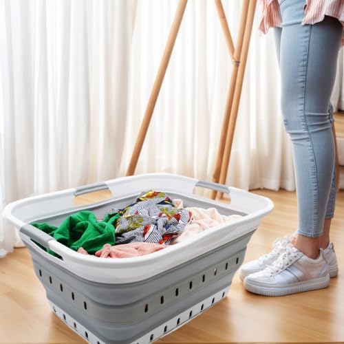 SAMMART 42L (11 gallon) Collapsible Plastic Laundry Basket - Foldable Pop Up Storage Container/Organizer - Space Saving Hamper/Basket (1, White/Grey)