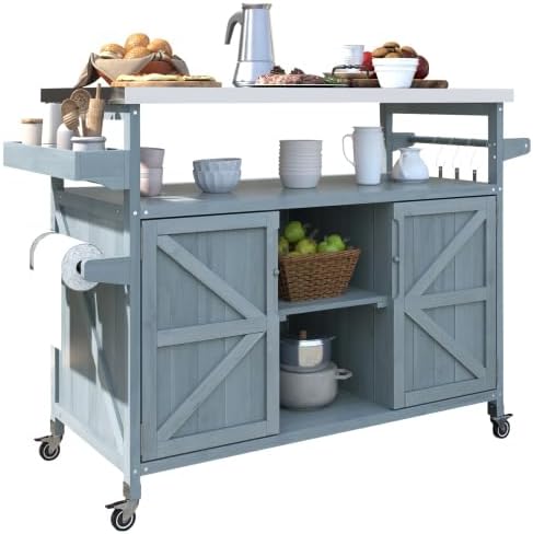 Outdoor Grill Cart with Storage, Rolling Bar Cart and Lockable Wheels, Farmhouse Solid Wood Outdoor Grill Table with Stainless Steel Top, Spice Rack, Towel Rack for Kitchen and BBQ, Grey Blue