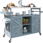 Outdoor Grill Cart with Storage, Rolling Bar Cart and Lockable Wheels, Farmhouse Solid Wood Outdoor Grill Table with Stainless Steel Top, Spice Rack, Towel Rack for Kitchen and BBQ, Grey Blue