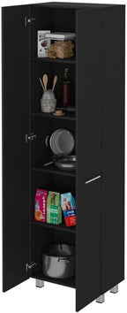 Pemberly Row 79" H Engineered Wood Double Door Pantry Cabinet, Black Finish, 23.3" W x 14.5" D x 78.7" H, 5 Interior Shelves, Metal Handles, Sleek Modern Storage for Kitchen or Home Organization