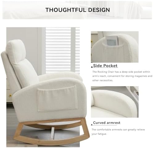 Indoor/Outdoor Recliner-Rocking Chair with Footrest, Headrest, and Side Pocket for Ergonomic Support in Nursery and Living Room,（Ivory）
