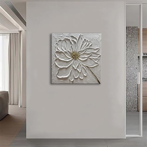 Slyart Hand Paintings 3D Floral Canvas Wall Art 24x24 Inches Abstract White Flower Paintings Modern Contemporary Texture Wall Art White Artwork for Home Decorations