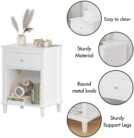 Kids Nightstand, Modern Night Stand with One Drawer and One Open Shelf, Wooden Bedside Table for Living Room, Bedroom, Toddler Nightstand for Boys and Girls, White