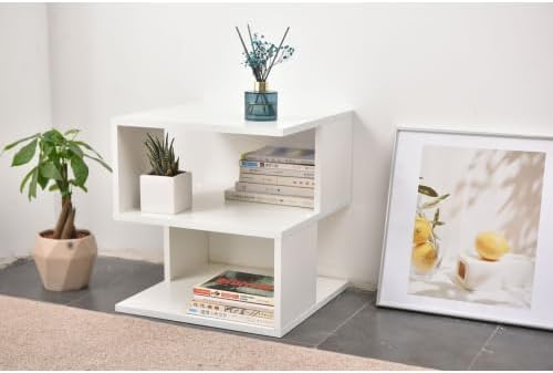 15.7" Modern White 2-Tier Side Table, Minimalist Engineered Wood End Table, Open Storage Bookshelf for Living Room Bedroom