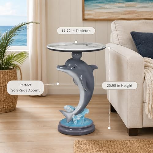 Dolphin Side Table, 25.98 in Animal End Table, Round Marble-Look Top, Hand-Painted, Auto-Grade Finish, Durable and Easy Clean