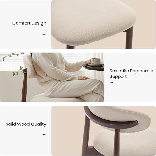 COLAMY Mid-Century Modern Wooden Dining Chair Set of 6, Indoor Upholstered Kitchen Chairs with 2.6" Cozy Padded Seat, Walnut Finish Side Dining Chair for Dining Room & Kitchen, Beige