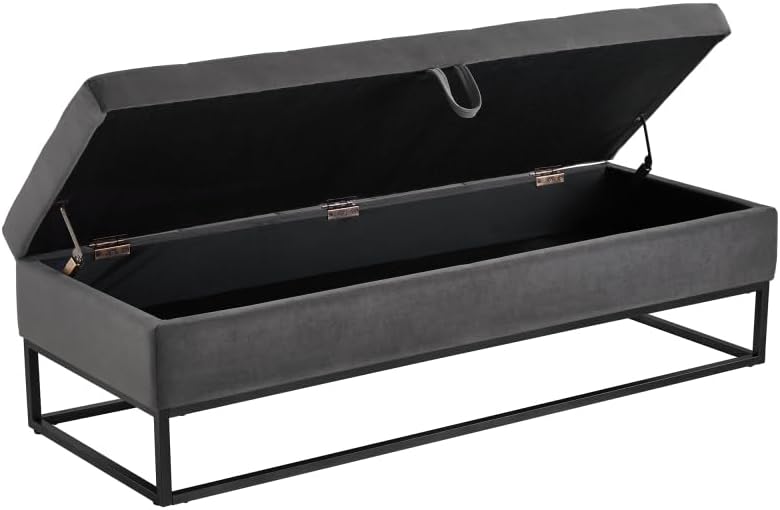 58.6" Bed Bench Metal Base with Storage Black Velvet (Foam + Grey + Velvet)