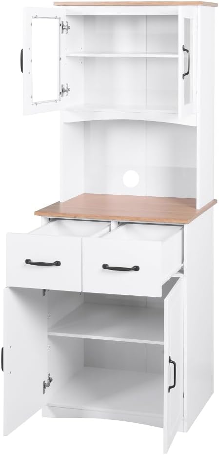 White Wooden Kitchen Cabinet, Pantry Storage Unit with Framed Glass Doors, Microwave Stand & Drawer, for Living Room, Dining Room, or Kitchen