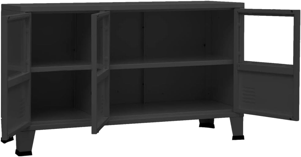 Metal and Glass Sideboard, Black Industrial Buffet Cabinet with 3 Doors, Accent Storage Credenza for Dining or Living Room, Matte Finish, 41.3 x 13.8 x 24.4 Inches
