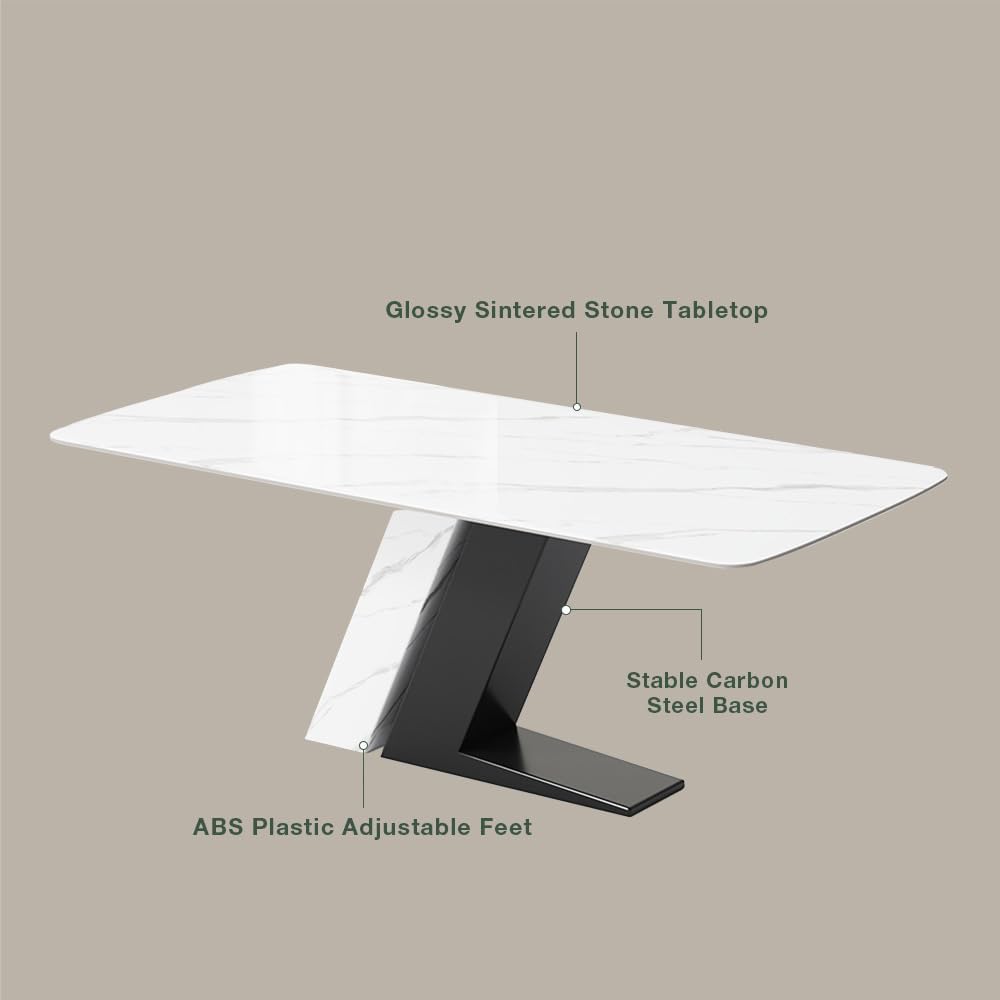 POVISON 71" Luxury Modern Dining Table for 6, Sintered Stone Dining Table Top with Z-Shaped Stainless Steel Pedestal, Rectangle Dining Room Table (Table Only)
