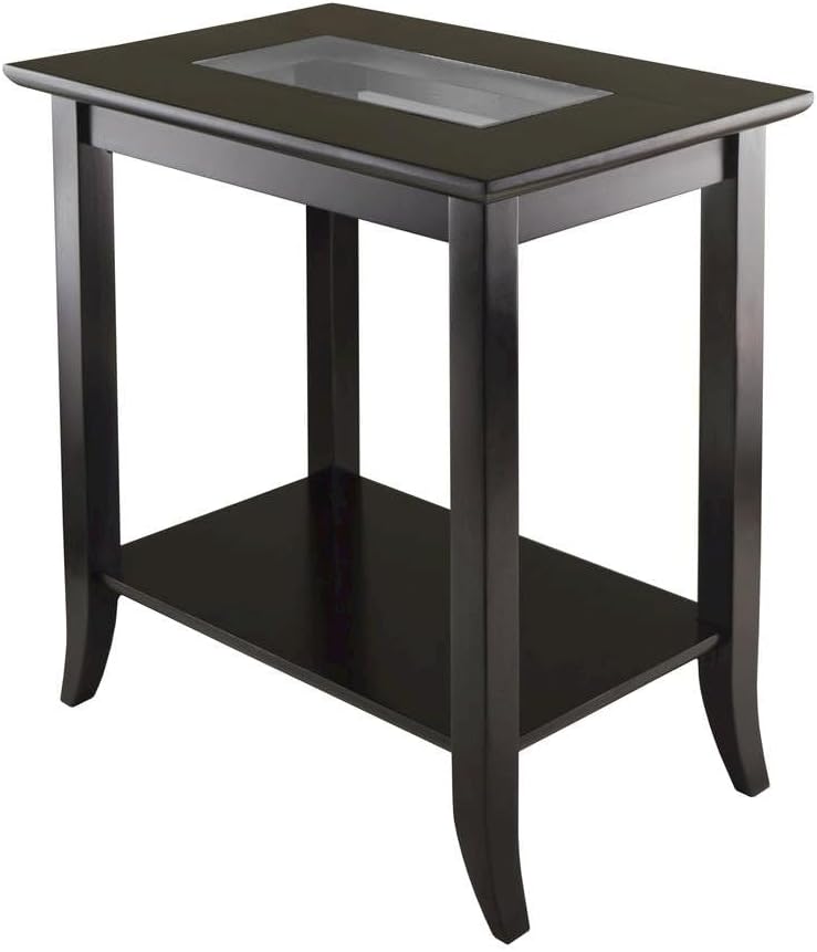 Furnifact Rectangular End Table, Glass Top, Lower Shelf, Flared Legs, Solid Wood Frame, Espresso Finish, Brown